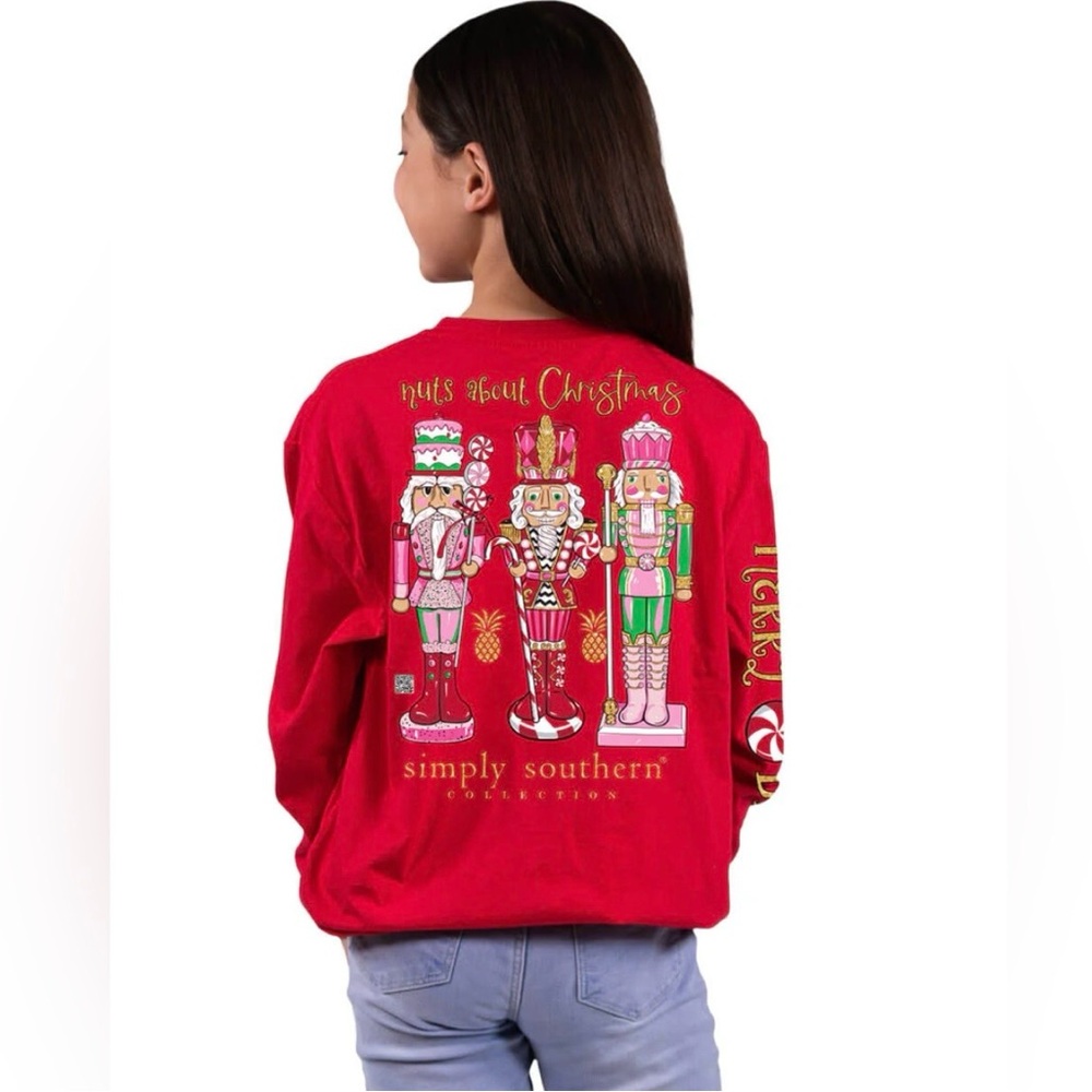 Simply Southern New Nuts About Christmas Merry Bright Red Longsleeve Youth Large - Picture 2 of 10